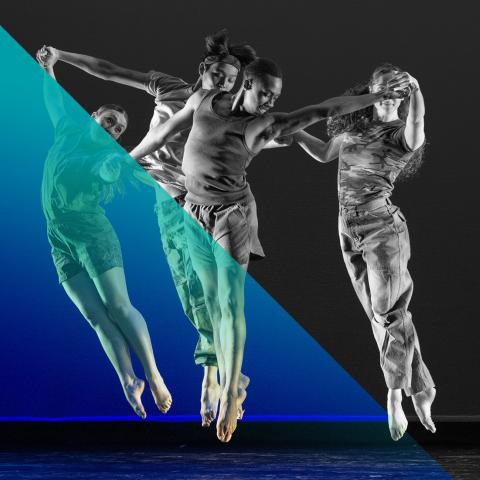 Four dancers leaping in the air with toes pointed; image is half black and white and half of the image has a dark to light blue overlay.
